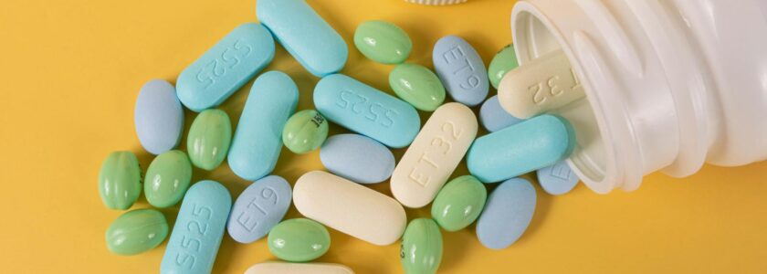 Various colored pills scattered from a white bottle on a yellow surface.